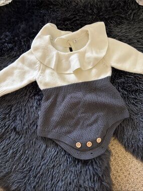 Cream and Gray Knit Ruffle Collar Baby Romper